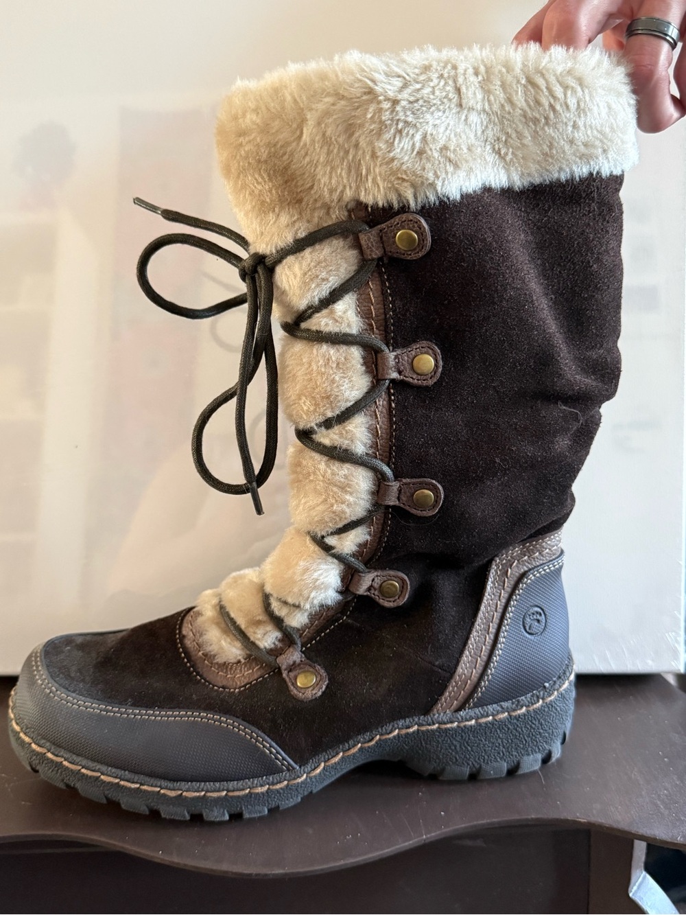 AMPUTEE- ONE LEFT SHOE -BareTraps Brown Suede Lace-Up Winter Boot with Fur Trim